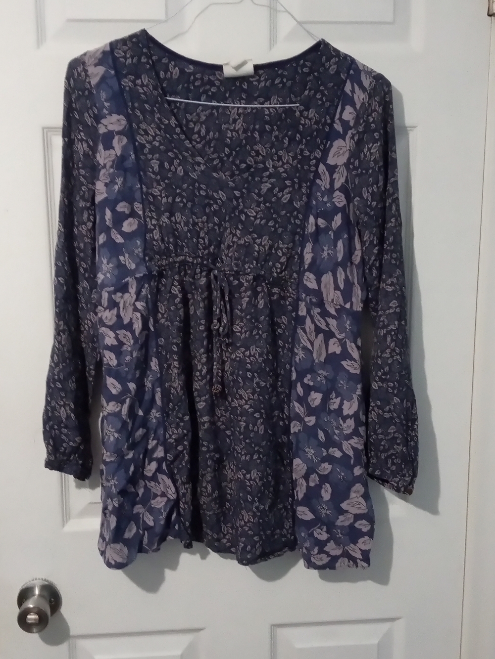 Navy Floral Peasant Blouse with Drawstring Waist